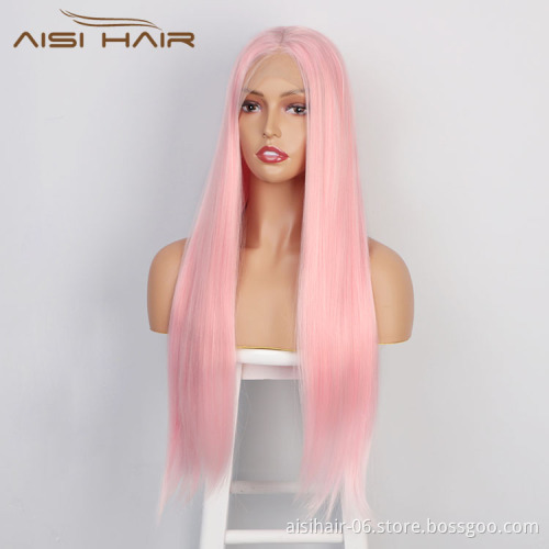 Aisi Hair 26 Inch Long Silky Straight Pink Wig Natural Straight Swiss Lace Wig Middle Part Lace Frontal Wigs For Black Women